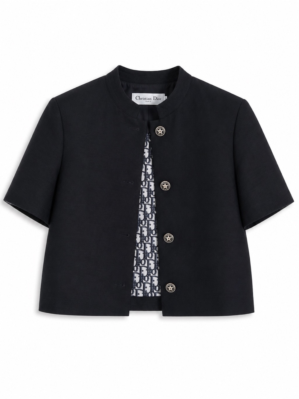 🚩steal Dior Black Short-Sleeve Boxy Jacket with Monogram Inner Trim